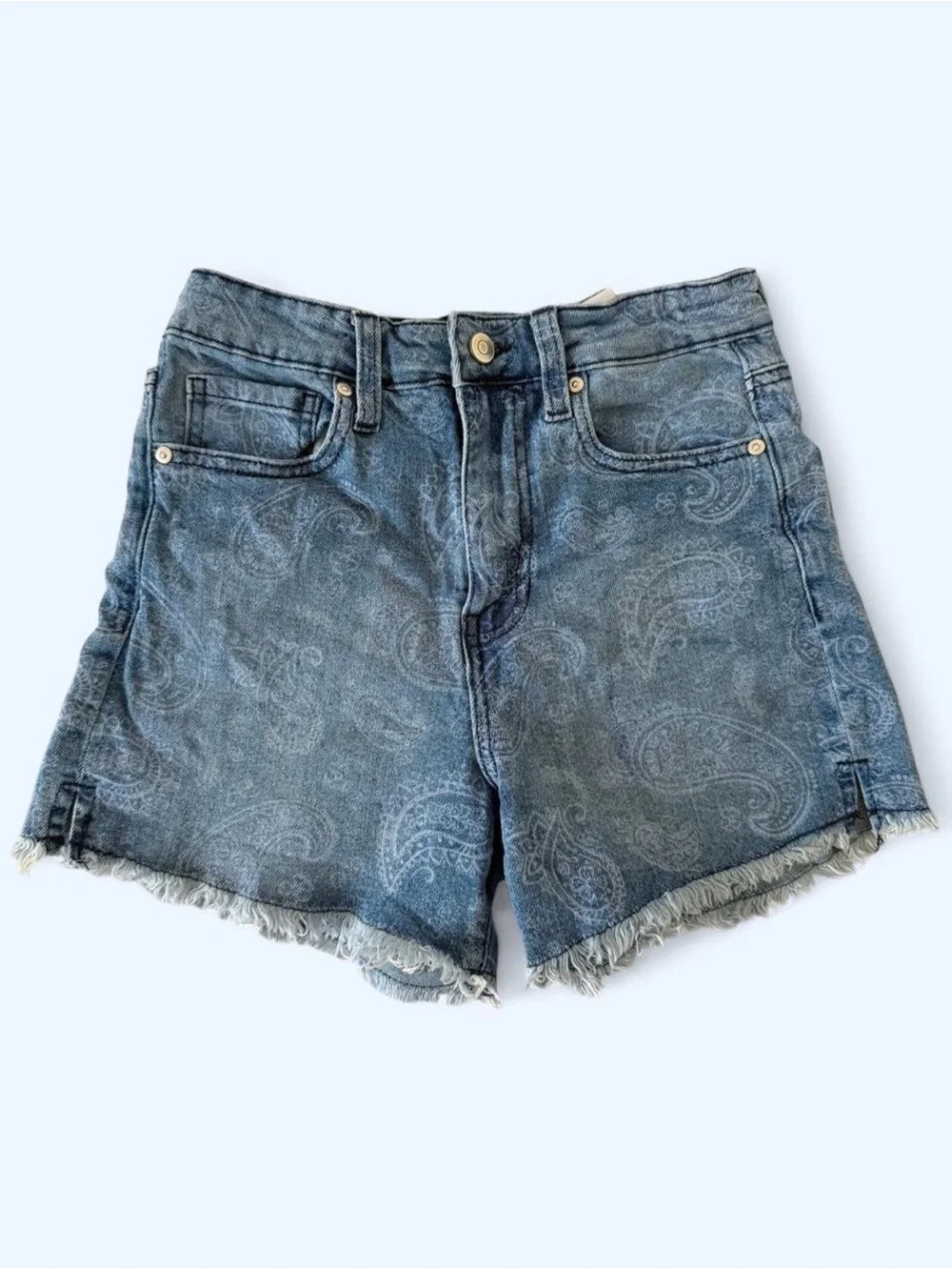 Paisley Print Frayed Hem Denim Shorts - Blue